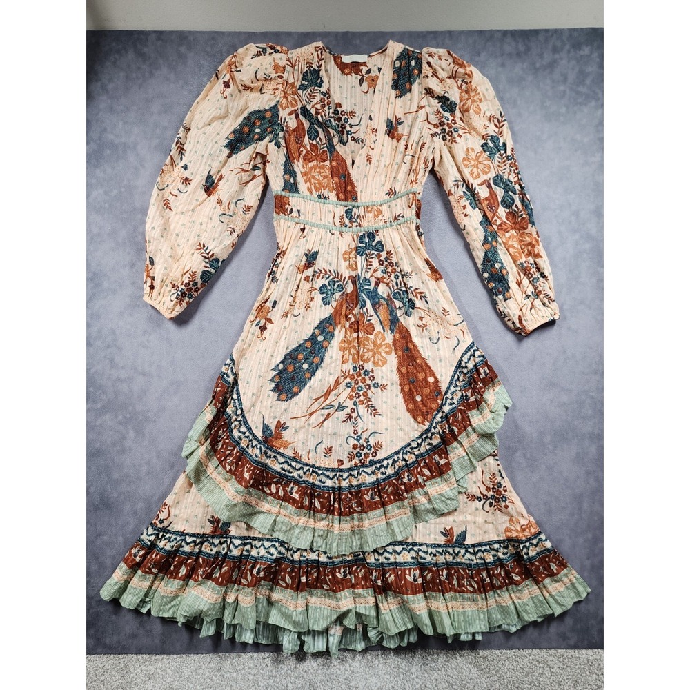 Ulla Johnson Portia Midi Dress Size 2 Egret Beige Floral Batik Peasant Ruffle